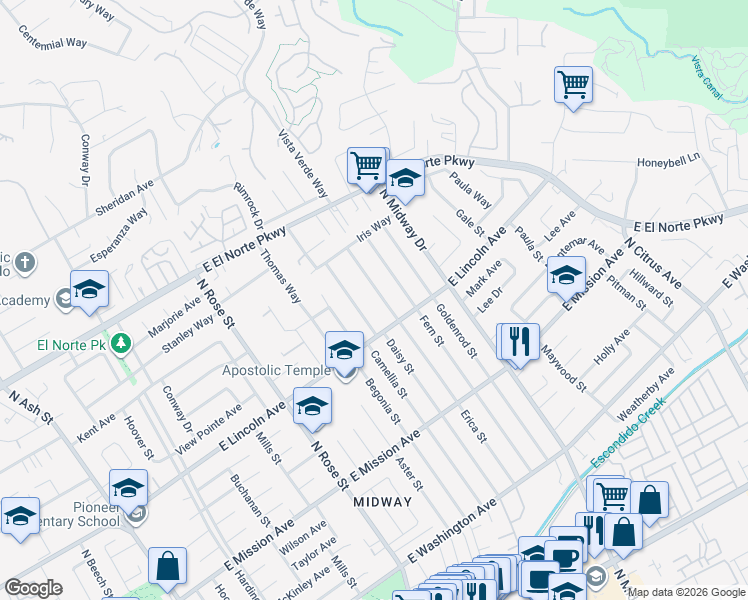 map of restaurants, bars, coffee shops, grocery stores, and more near 1040 Erica Street in Escondido