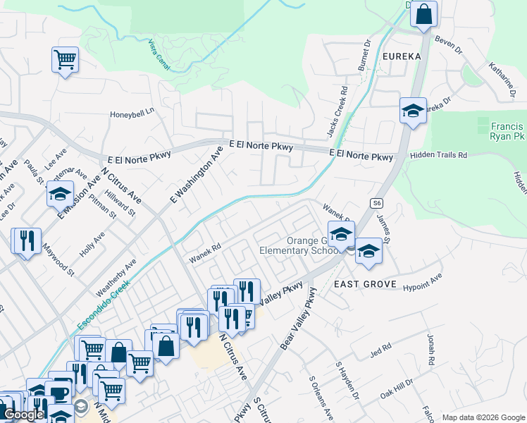 map of restaurants, bars, coffee shops, grocery stores, and more near 521 Sandalwood Place in Escondido