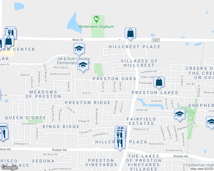 map of restaurants, bars, coffee shops, grocery stores, and more near 8205 Burleigh Street in Frisco