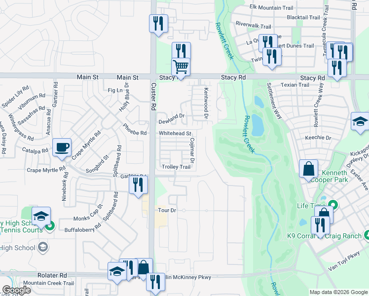 map of restaurants, bars, coffee shops, grocery stores, and more near 8632 Stargazer Drive in McKinney