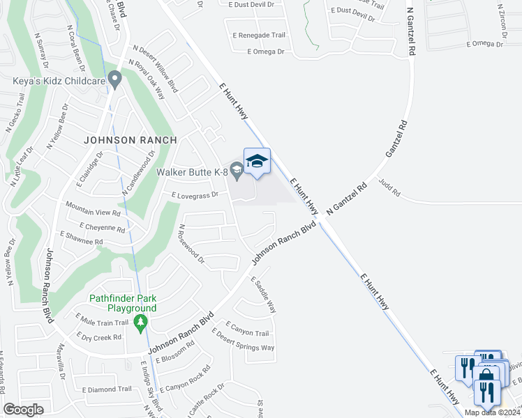 map of restaurants, bars, coffee shops, grocery stores, and more near 1272 East Dragon Fly Road in Queen Creek
