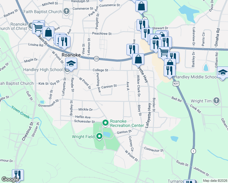 map of restaurants, bars, coffee shops, grocery stores, and more near 320 Wood Avenue in Roanoke