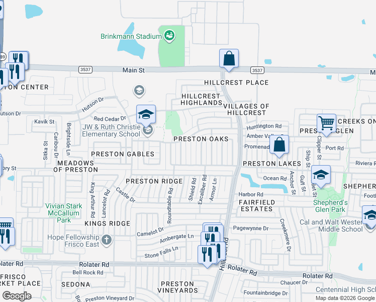 map of restaurants, bars, coffee shops, grocery stores, and more near 8205 Burleigh Street in Frisco