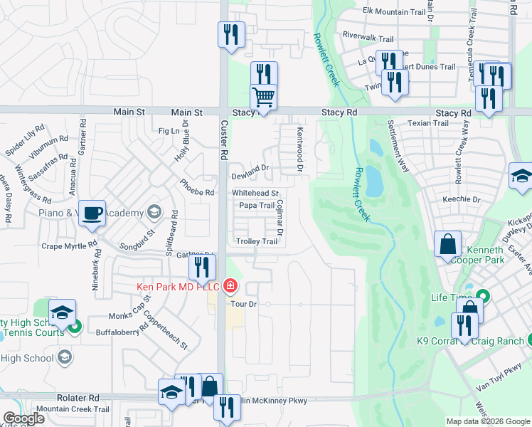 map of restaurants, bars, coffee shops, grocery stores, and more near 8700 Stargazer Drive in McKinney