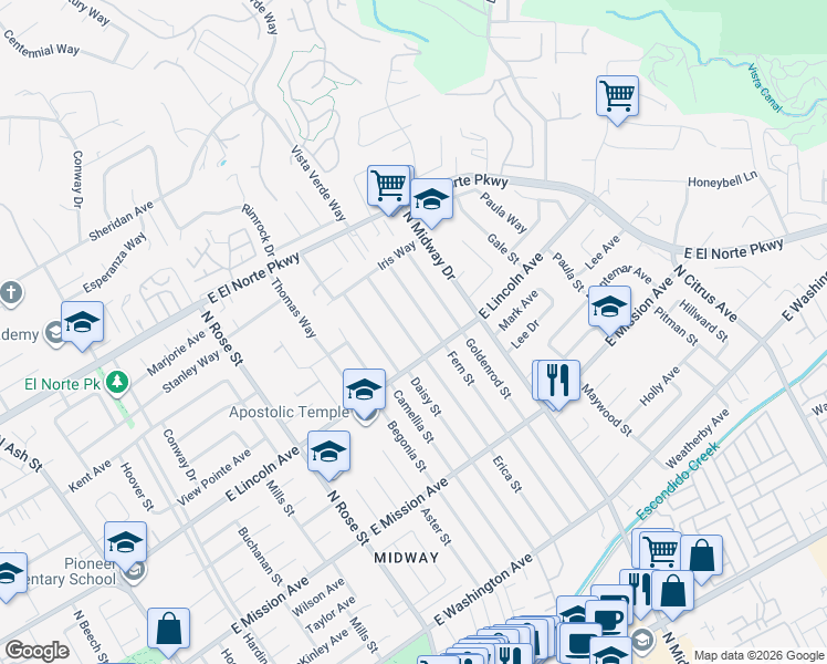map of restaurants, bars, coffee shops, grocery stores, and more near 1040 Erica Street in Escondido