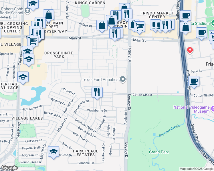 map of restaurants, bars, coffee shops, grocery stores, and more near 4224 Cotton Gin Road in Frisco