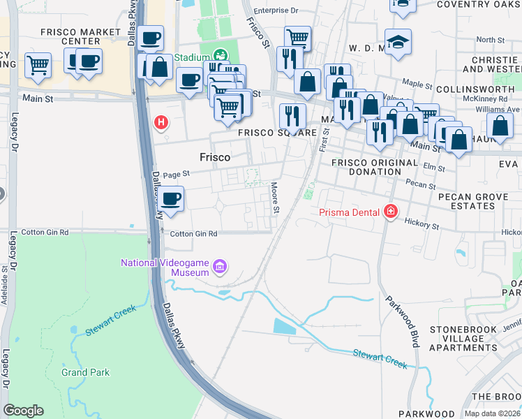 map of restaurants, bars, coffee shops, grocery stores, and more near 8352 Library Street in Frisco