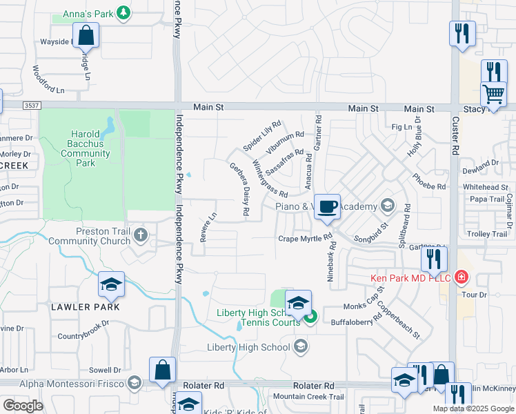 map of restaurants, bars, coffee shops, grocery stores, and more near 8483 Twistpine Road in Frisco