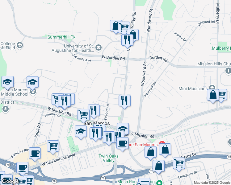 map of restaurants, bars, coffee shops, grocery stores, and more near 138 Christen Way in San Marcos