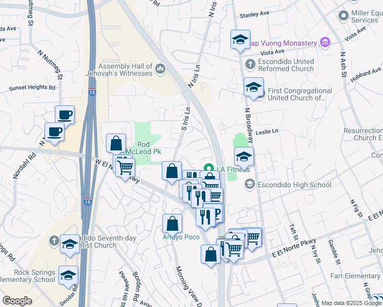 map of restaurants, bars, coffee shops, grocery stores, and more near 444 Mahogany Glen in Escondido