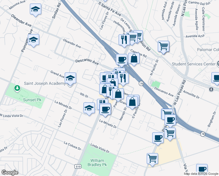 map of restaurants, bars, coffee shops, grocery stores, and more near 150 Rancho Santa Fe Road in San Marcos