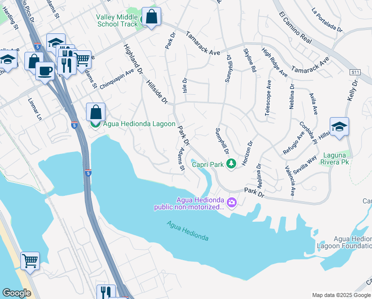 map of restaurants, bars, coffee shops, grocery stores, and more near 4590 Adams Street in Carlsbad