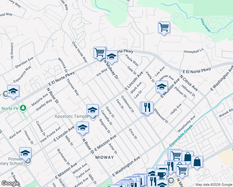 map of restaurants, bars, coffee shops, grocery stores, and more near 1930 East Lincoln Avenue in Escondido