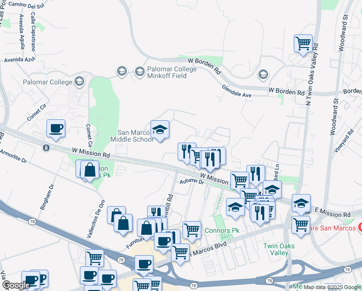 map of restaurants, bars, coffee shops, grocery stores, and more near 604 Richmar Avenue in San Marcos