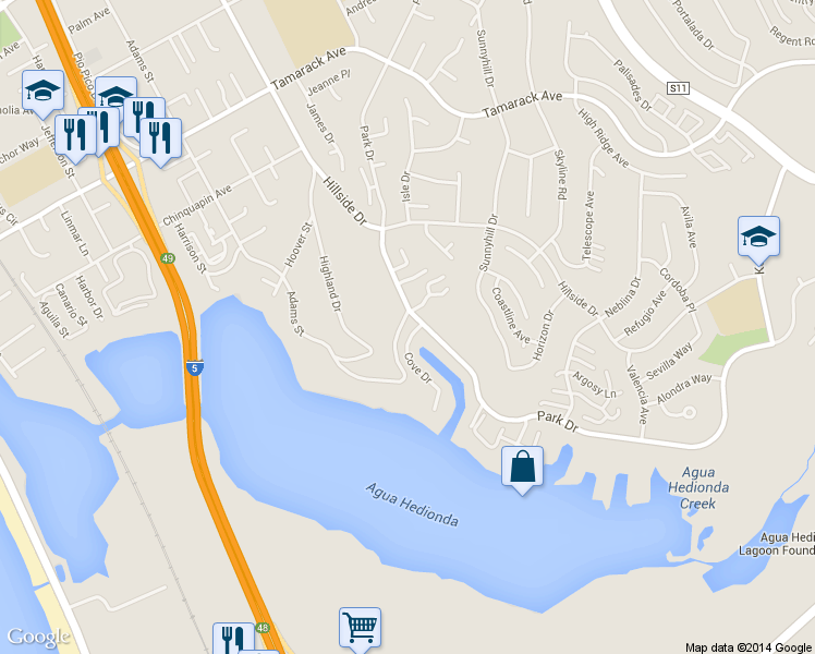 map of restaurants, bars, coffee shops, grocery stores, and more near 4590 Adams Street in Carlsbad