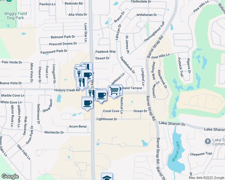 map of restaurants, bars, coffee shops, grocery stores, and more near 3000 Groveland Terrace in Denton