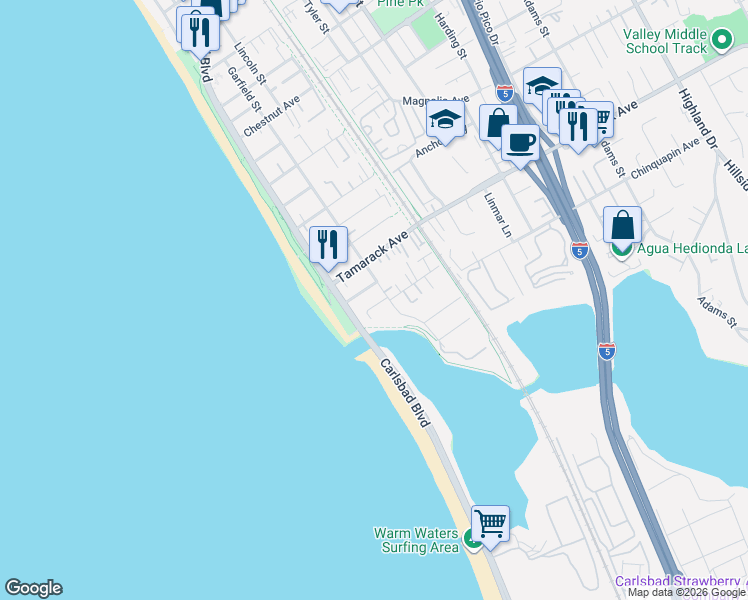map of restaurants, bars, coffee shops, grocery stores, and more near 182 Chinquapin Avenue in Carlsbad