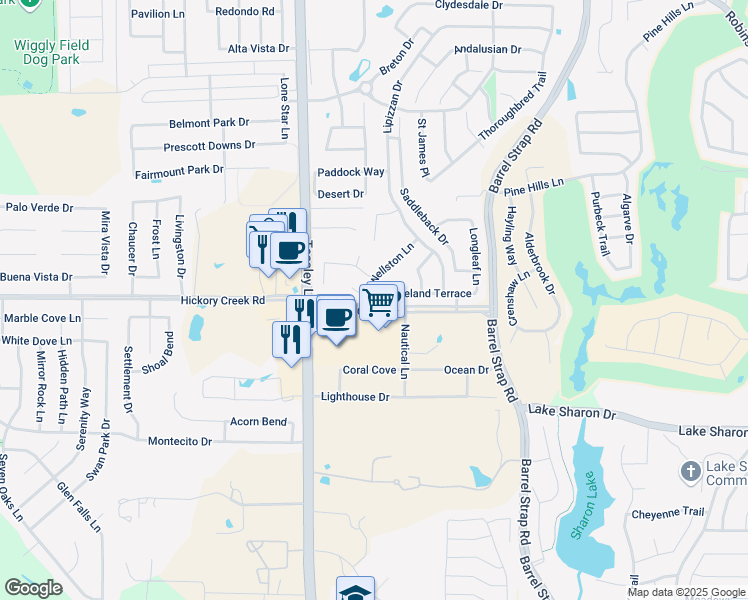 map of restaurants, bars, coffee shops, grocery stores, and more near 3000 Groveland Terrace in Denton