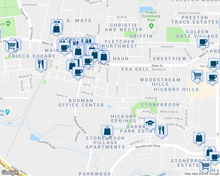 map of restaurants, bars, coffee shops, grocery stores, and more near 8620 South County Road in Frisco