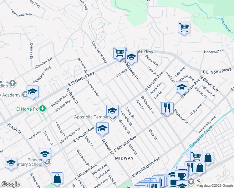 map of restaurants, bars, coffee shops, grocery stores, and more near 1080 Daisy St in Escondido