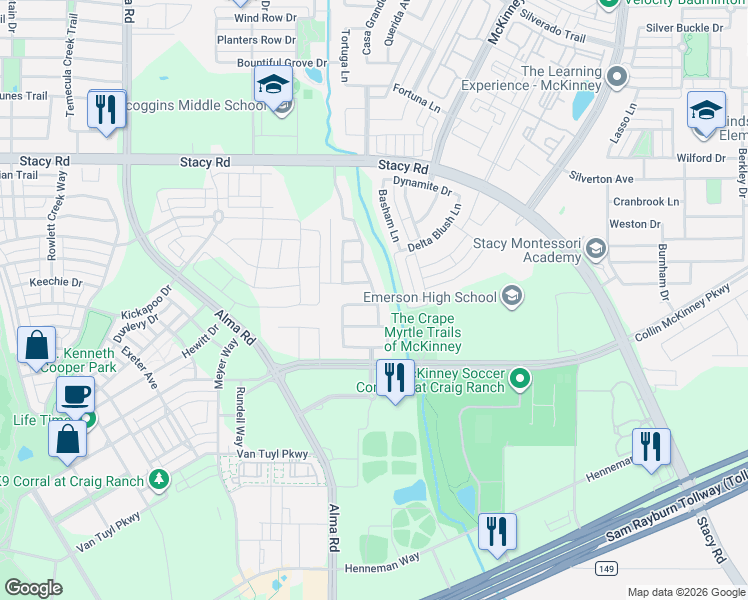 map of restaurants, bars, coffee shops, grocery stores, and more near 6700 Bermuda Avenue in McKinney