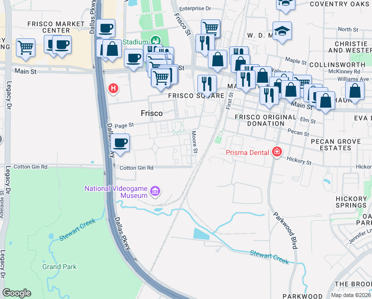 map of restaurants, bars, coffee shops, grocery stores, and more near 8352 Library Street in Frisco