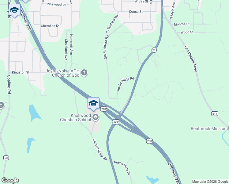 map of restaurants, bars, coffee shops, grocery stores, and more near 120 Rocky Ridge Road in Sylacauga