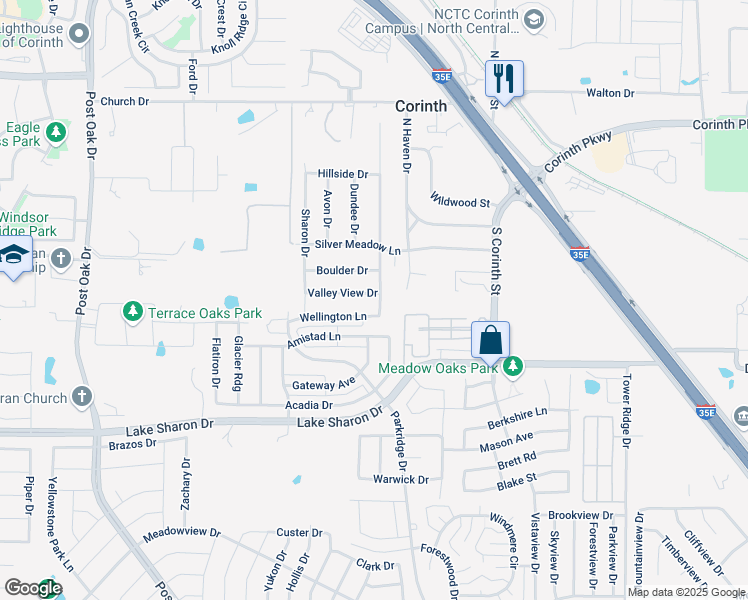 map of restaurants, bars, coffee shops, grocery stores, and more near 2613 Valley View Drive in Corinth