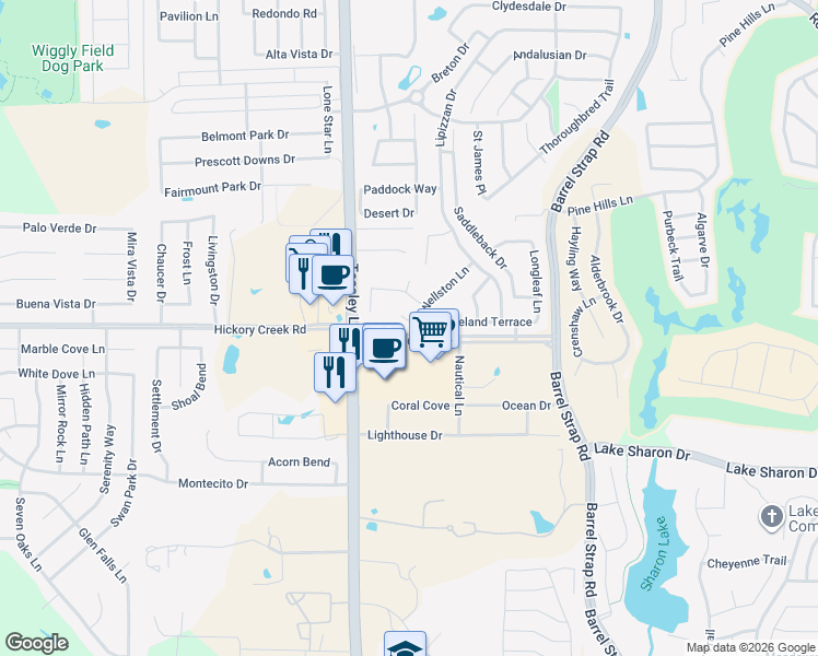 map of restaurants, bars, coffee shops, grocery stores, and more near 2912 Groveland Court in Denton
