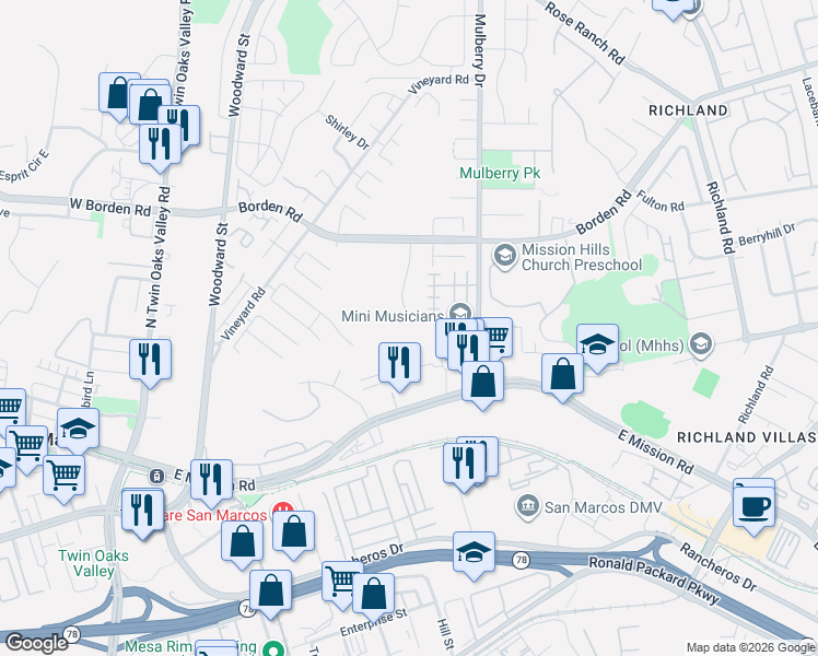 map of restaurants, bars, coffee shops, grocery stores, and more near 406 Borden Circle in San Marcos