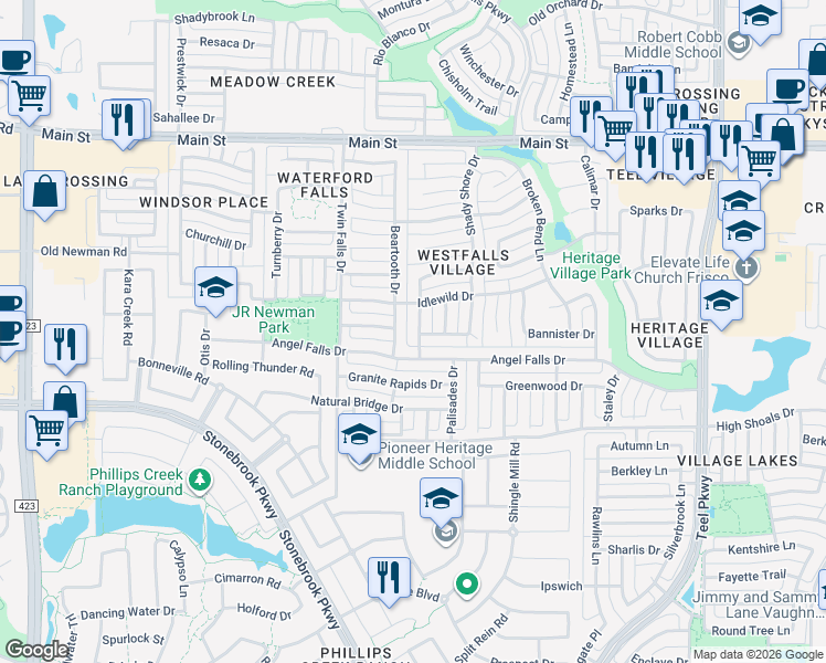 map of restaurants, bars, coffee shops, grocery stores, and more near 8299 Albritton Drive in Frisco
