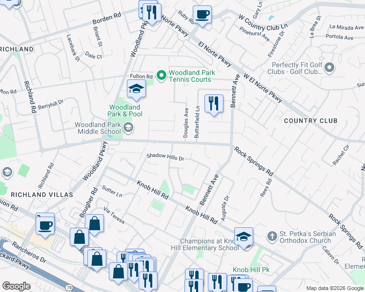 map of restaurants, bars, coffee shops, grocery stores, and more near 1407 Rock Springs Road in San Marcos