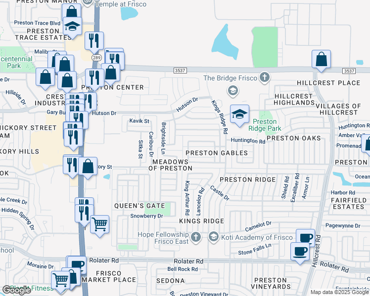 map of restaurants, bars, coffee shops, grocery stores, and more near 8221 Hyde Park Drive in Frisco