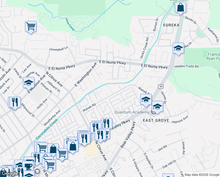 map of restaurants, bars, coffee shops, grocery stores, and more near 520 Sandalwood Place in Escondido