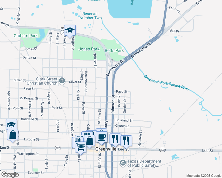 map of restaurants, bars, coffee shops, grocery stores, and more near 1506 Johnson Street in Greenville