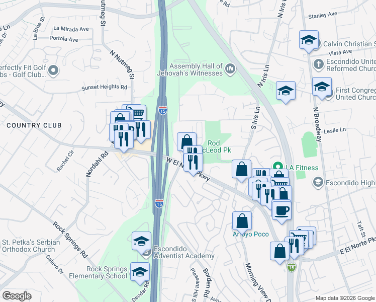 map of restaurants, bars, coffee shops, grocery stores, and more near 1700 7 Oakes Road in Escondido