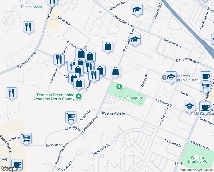 map of restaurants, bars, coffee shops, grocery stores, and more near 1029 Poinsettia Avenue in Vista