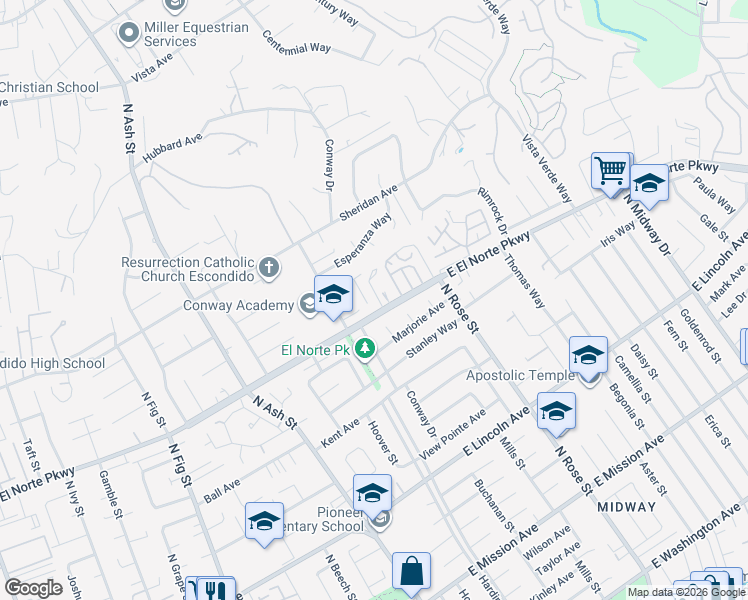 map of restaurants, bars, coffee shops, grocery stores, and more near 1422 East El Norte Parkway in Escondido