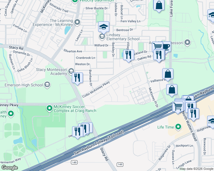 map of restaurants, bars, coffee shops, grocery stores, and more near 5608 Amphora Avenue in McKinney