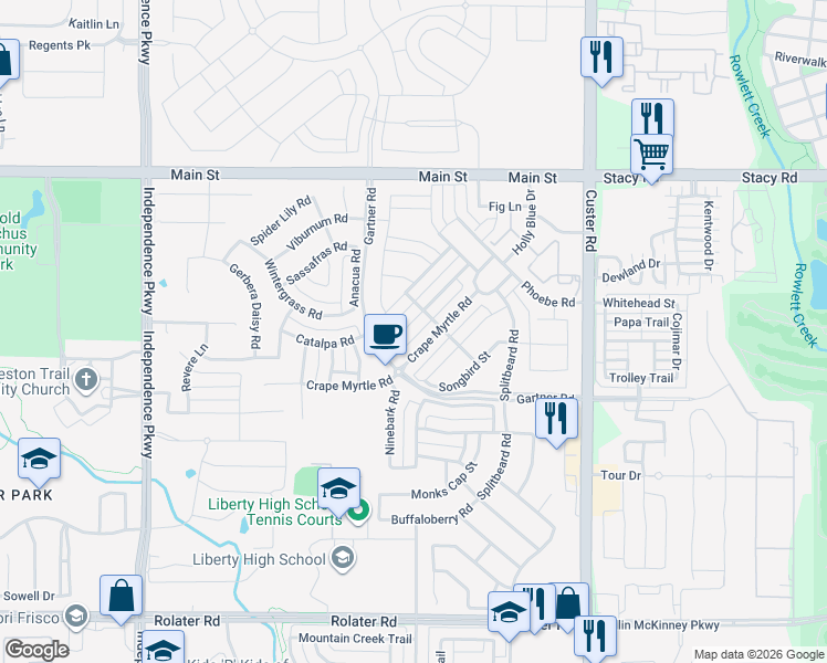 map of restaurants, bars, coffee shops, grocery stores, and more near 15480 Crape Myrtle Road in Frisco