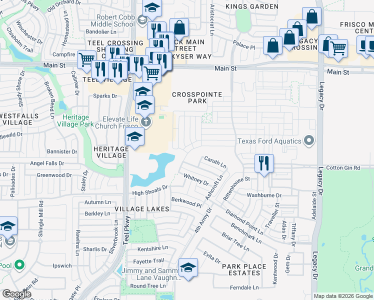 map of restaurants, bars, coffee shops, grocery stores, and more near 3310 River Trail in Frisco