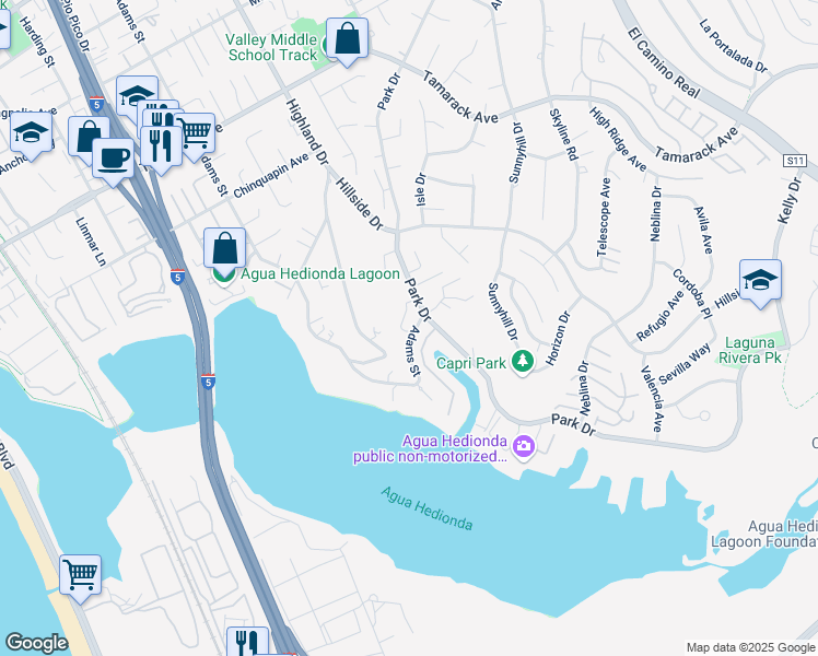 map of restaurants, bars, coffee shops, grocery stores, and more near 4590 Adams Street in Carlsbad