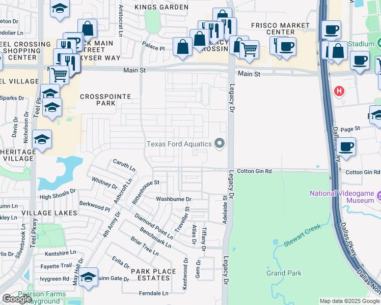 map of restaurants, bars, coffee shops, grocery stores, and more near 8223 Canal Street in Frisco