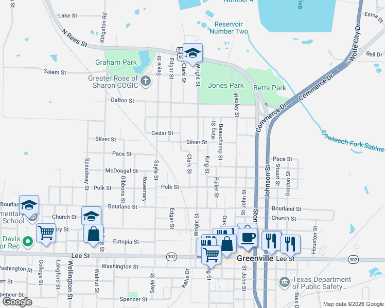 map of restaurants, bars, coffee shops, grocery stores, and more near 1513 Clark Street in Greenville