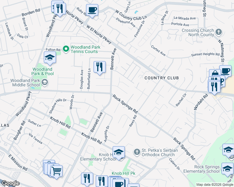 map of restaurants, bars, coffee shops, grocery stores, and more near 1610 Rock Springs Road in Escondido
