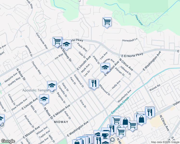 map of restaurants, bars, coffee shops, grocery stores, and more near 2033 Lee Drive in Escondido