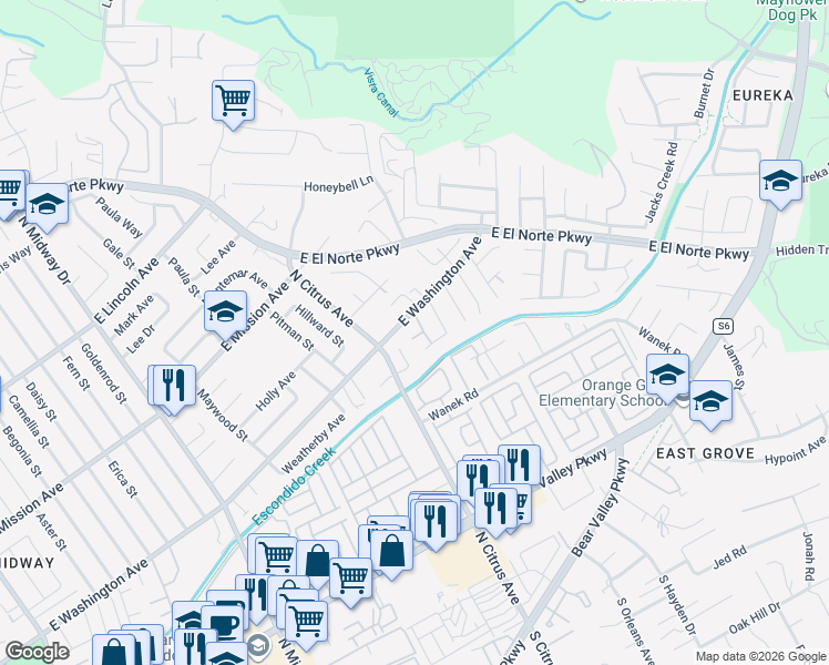 map of restaurants, bars, coffee shops, grocery stores, and more near 569 Alta Camino Ct in Escondido