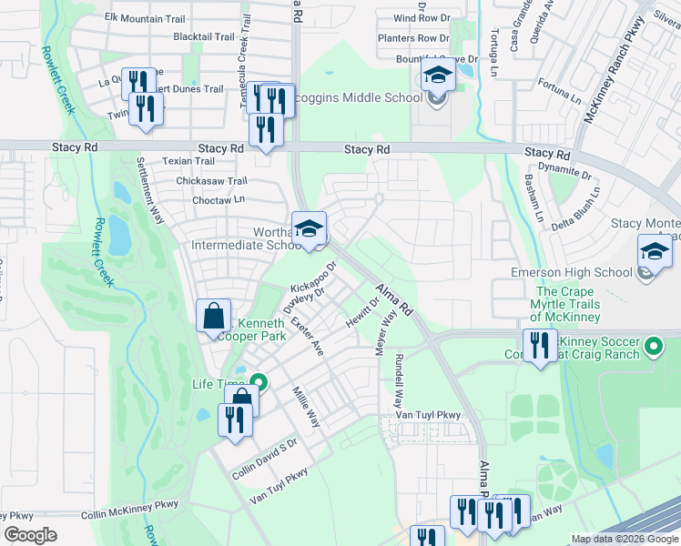 map of restaurants, bars, coffee shops, grocery stores, and more near 7401 Kickapoo Drive in McKinney