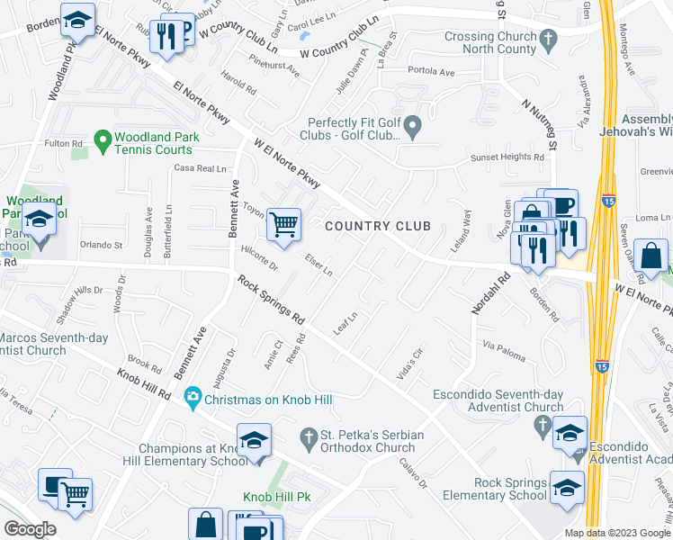 map of restaurants, bars, coffee shops, grocery stores, and more near 1189 Rees Road in Escondido