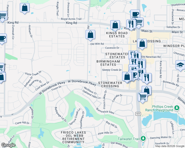 map of restaurants, bars, coffee shops, grocery stores, and more near 7576 Lake Trail in Frisco